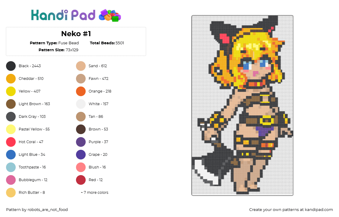 Neko #1 - Fuse Bead Pattern by robots_are_not_food on Kandi Pad - black,orange,yellow,beige