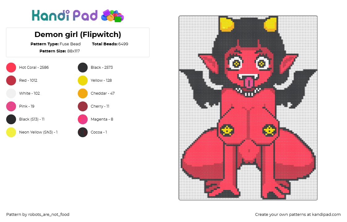 Demon girl (Flipwitch) - Fuse Bead Pattern by robots_are_not_food on Kandi Pad - flipwitch,demon,nsfw,breasts,nude,winged,halloween,spooky,red