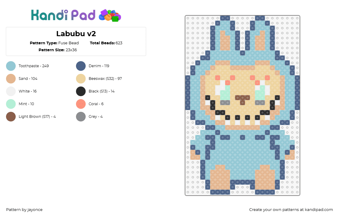 Labubu v2 - Fuse Bead Pattern by jayonce on Kandi Pad - labubu,monster,bunny,plush,character,toy,creepy,light blue,tan