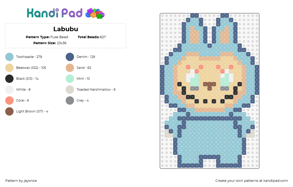 Labubu - Fuse Bead Pattern by jayonce on Kandi Pad - labubu,monster,bunny,plush,character,toy,creepy,light blue,tan