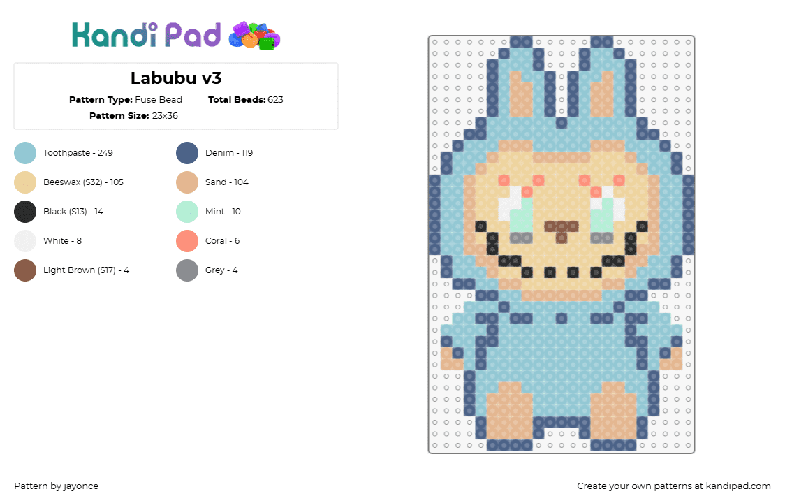 Labubu v3 - Fuse Bead Pattern by jayonce on Kandi Pad - labubu,monster,bunny,plush,character,toy,creepy,light blue,tan