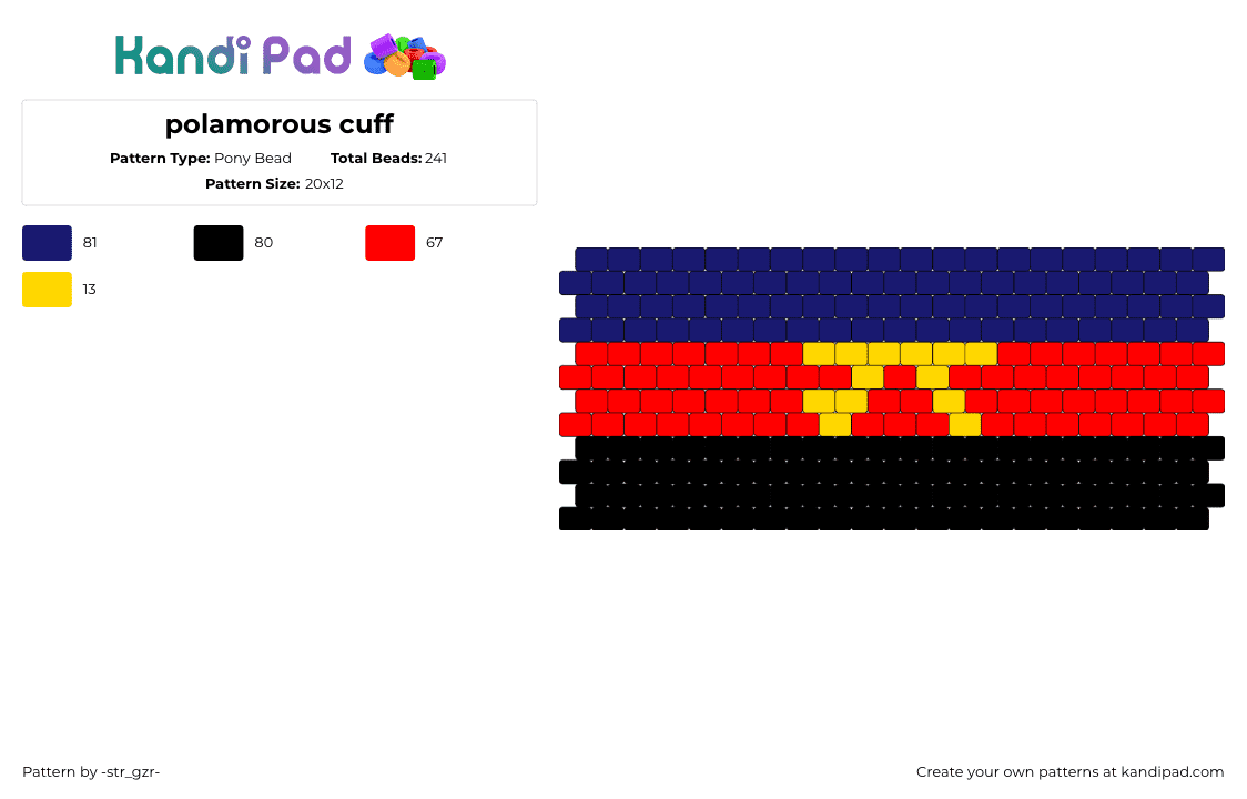 polamorous cuff - Pony Bead Pattern by -str_gzr- on Kandi Pad - polyamorous,pride,cuff,blue,red,black