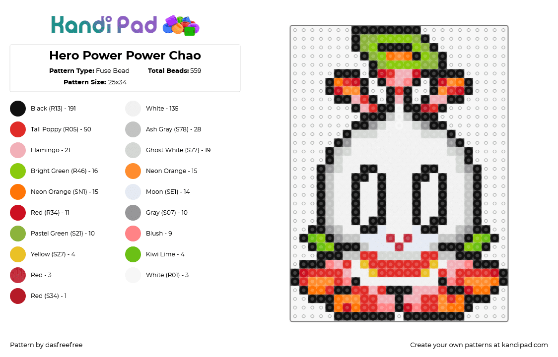 Hero Power Power Chao - Fuse Bead Pattern by dasfreefree on Kandi Pad - chao,sonic the hedgehog,hero power,sega,video game,character,cute,white,orange,green