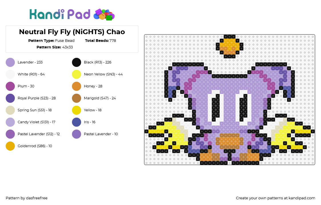 Neutral Fly Fly (NiGHTS) Chao - Fuse Bead Pattern by dasfreefree on Kandi Pad - chao,sonic the hedgehog,neutral fly fly,nights,character,cute,sega,video game,purple,yellow