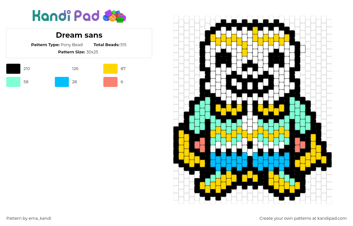 Dream sans - Pony Bead Pattern by ema_kandi on Kandi Pad - dream sans,undertale,character,video game,white,teal,yellow