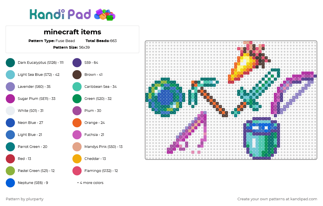 minecraft items - Fuse Bead Pattern by plurparty on Kandi Pad - teal,blue,pink,purple,minecraft,bow,ender pearl,fishing rod,pickaxe,sword,carrot,bucket