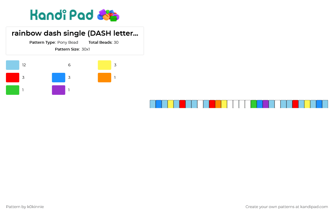 rainbow dash single (DASH letter beads) - Pony Bead Pattern by k0kinnie on Kandi Pad - rainbow dash,my little pony,mlp,single,bracelet,cuff,speed,spirit,vibrant,light blue
