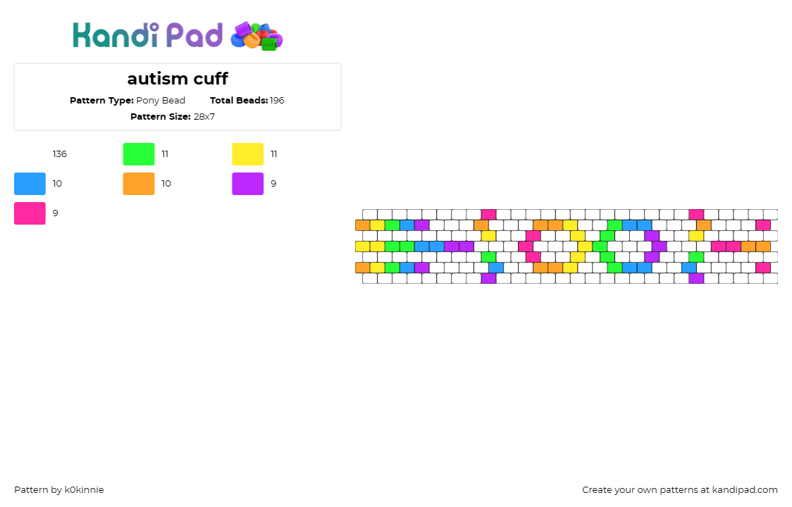 autism cuff - Pony Bead Pattern by k0kinnie on Kandi Pad - autism,rainbow,cuff