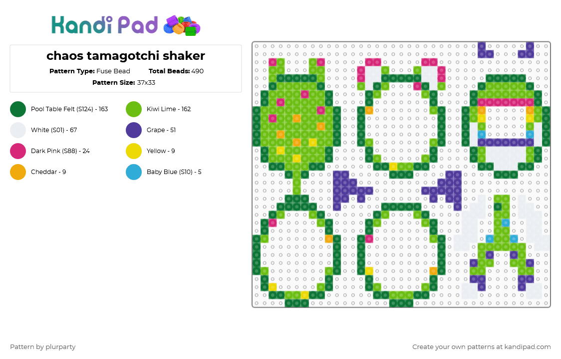 chaos tamagotchi shaker - Fuse Bead Pattern by plurparty on Kandi Pad - green,oc,original character,furry,sparklefur,cheetah,tamagotchi,shaker,charm