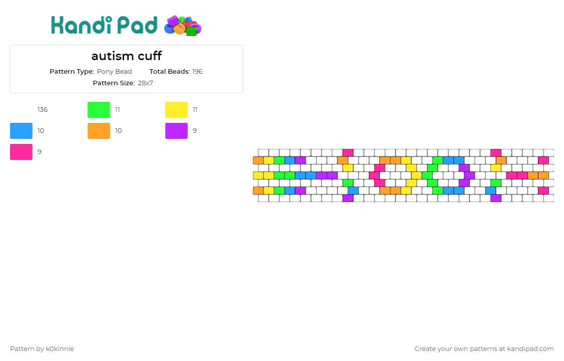 autism cuff - Pony Bead Pattern by k0kinnie on Kandi Pad - autism,rainbow,cuff