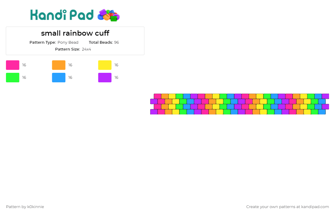 small rainbow cuff - Pony Bead Pattern by k0kinnie on Kandi Pad - rainbow,colorful,cuff,bracelet