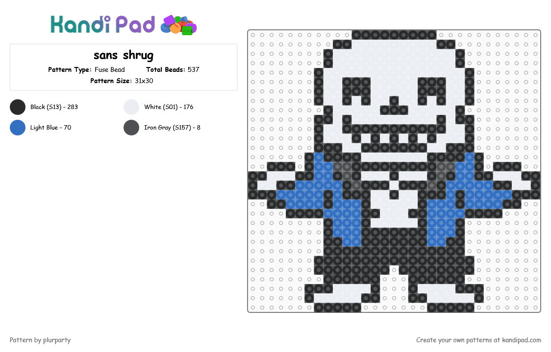 sans shrug - Fuse Bead Pattern by plurparty on Kandi Pad - blue, deltarune, fanart, gaming, sans, skeleton, sprite, undertale, white