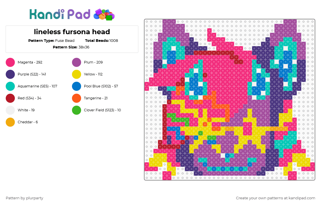 lineless fursona head - Fuse Bead Pattern by plurparty on Kandi Pad - pink,purple,yellow
