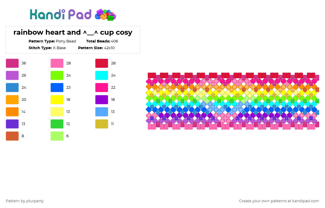 rainbow heart and ^__^ cup cosy - Pony Bead Pattern by plurparty on Kandi Pad - pink,light blue,tea cosy,cup,rainbow,glow,heart,kaomoji,emoticon,x base