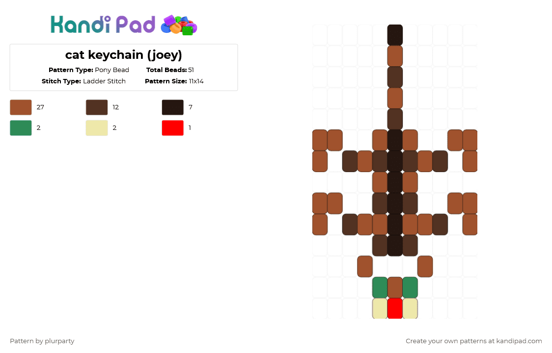 cat keychain (joey) - Pony Bead Pattern by plurparty on Kandi Pad - red,brown