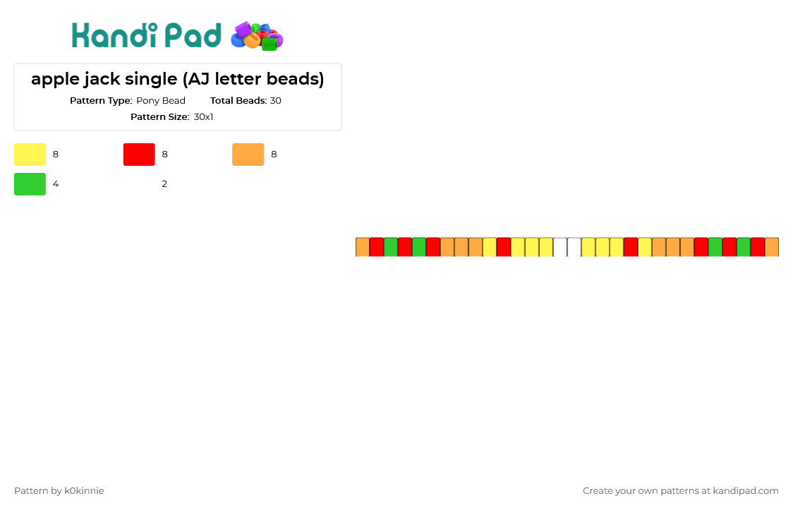 apple jack single (AJ letter beads) - Pony Bead Pattern by k0kinnie on Kandi Pad - apple jack,my little pony,mlp,single,bracelet,cuff,vibrant,character,orange