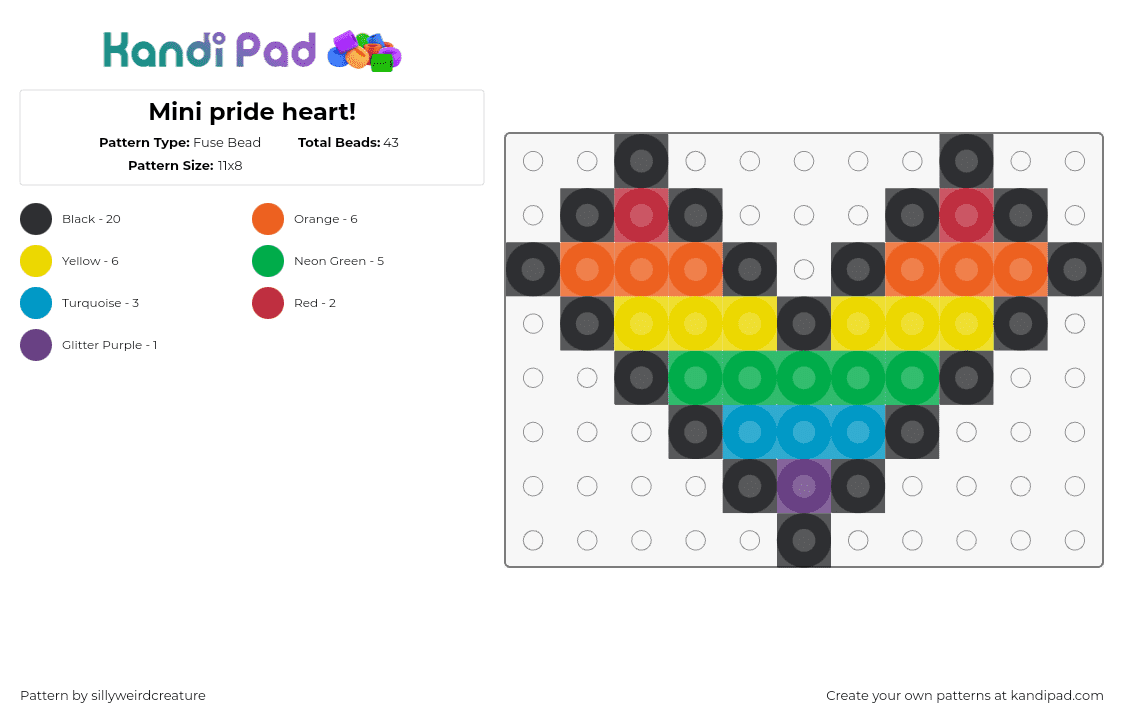 Mini pride heart! - Fuse Bead Pattern by sillyweirdcreature on Kandi Pad - heart,pride,rainbow,simple,charm