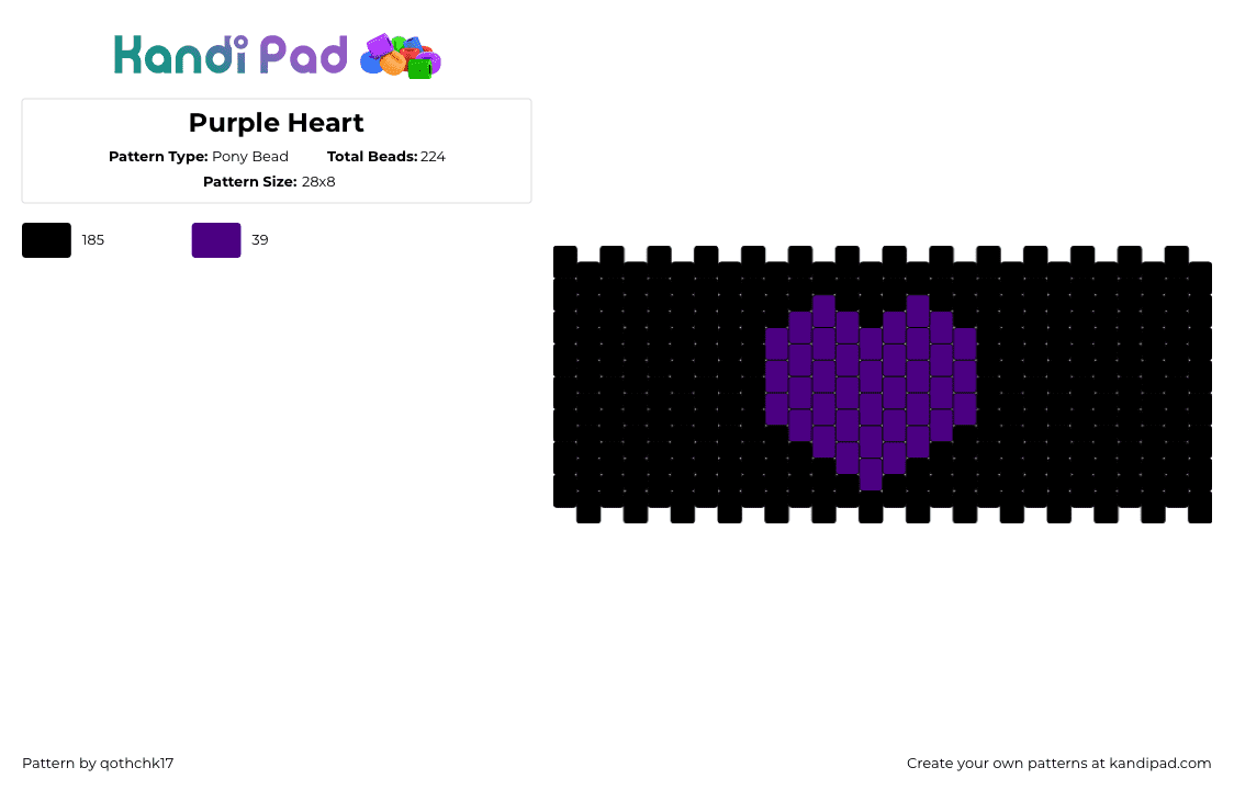 Purple Heart - Pony Bead Pattern by qothchk17 on Kandi Pad - heart,dark,simple,cuff,love,purple,black