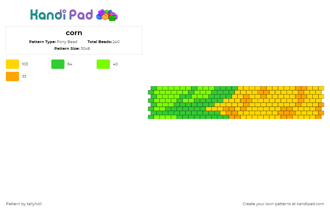 corn - Pony Bead Pattern by tallyholl on Kandi Pad - corn,maize,farm,grain,plant,food,cuff,yellow,green