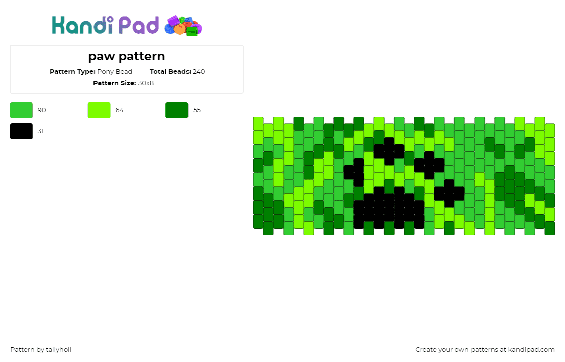 paw pattern - Pony Bead Pattern by tallyholl on Kandi Pad - paw print,creeper,cuff,green,black