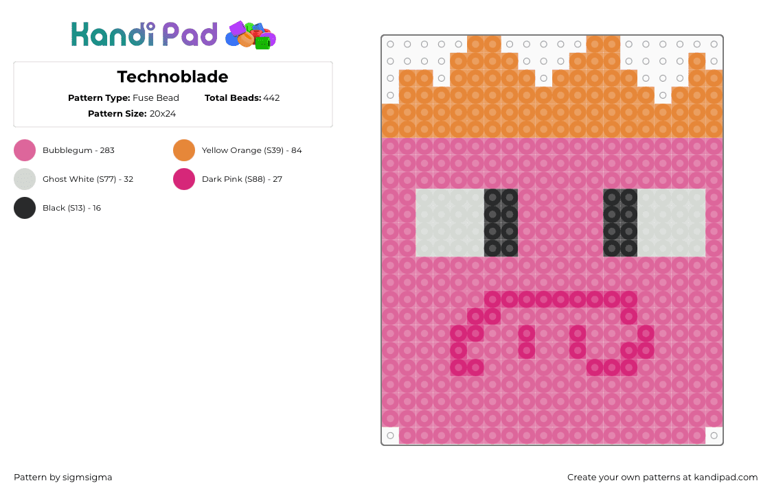 Technoblade - Fuse Bead Pattern by sigmsigma on Kandi Pad - technoblade,pig,youtube,animal,streamer,minecraft,crown,video game,pink,orange