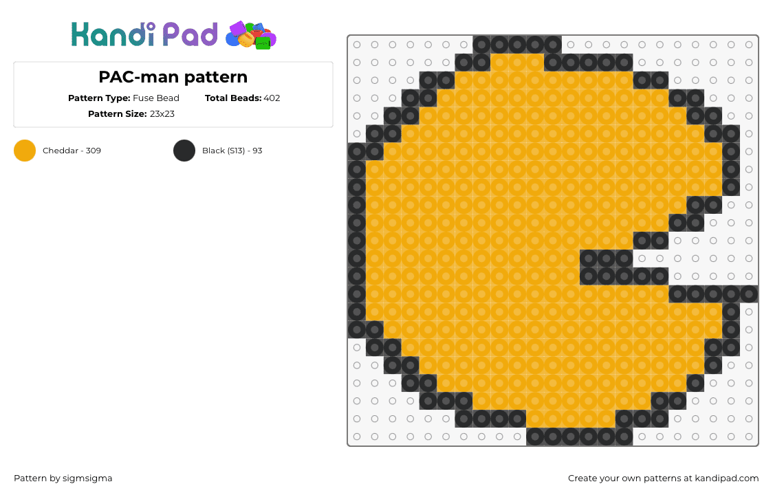 PAC-man pattern - Fuse Bead Pattern by sigmsigma on Kandi Pad - pacman,arcade,namco,retro,character,simple,yellow