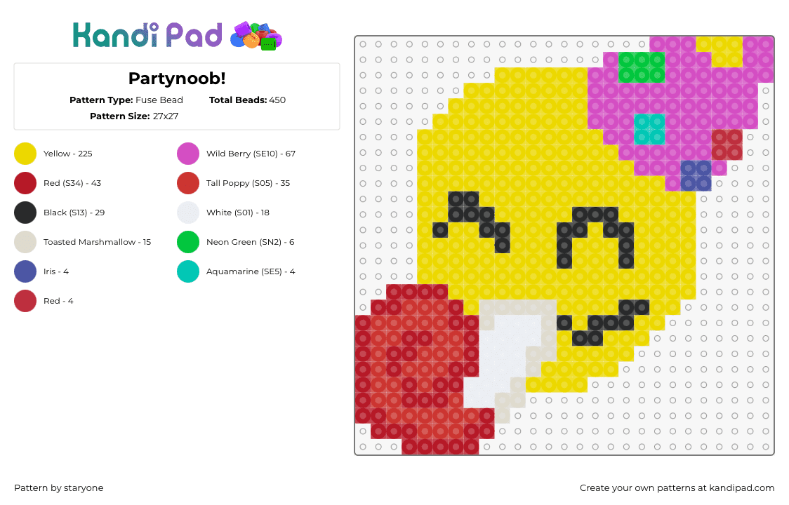 Partynoob! - Fuse Bead Pattern by staryone on Kandi Pad - poob,party noob,regretevator,roblox,character,head,hat,video game,npc,yellow,pink,red