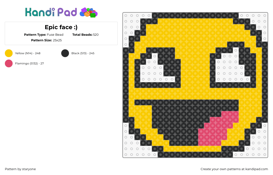 Epic face :) - Fuse Bead Pattern by staryone on Kandi Pad - epic face,emoji,roblox,smiley,video game,happy,yellow,black