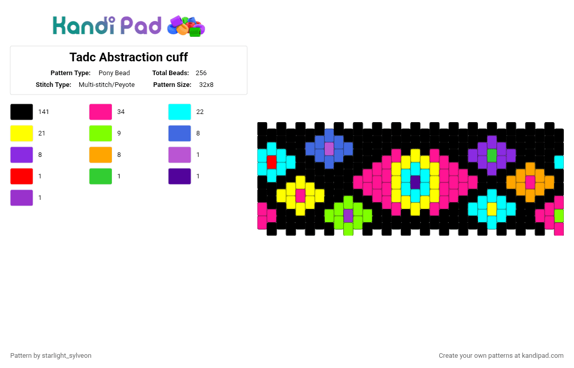 Tadc Abstraction cuff - Pony Bead Pattern by starlight_sylveon on Kandi Pad - black, light blue, pink, yellow