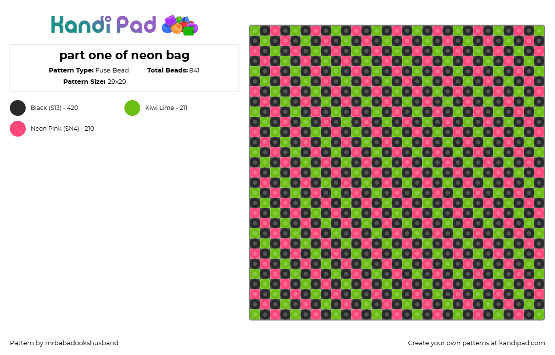 part one of neon bag - Fuse Bead Pattern by mrbabadookshusband on Kandi Pad - neon,checkered,diagonal,stripes,bag,panel,pink,green