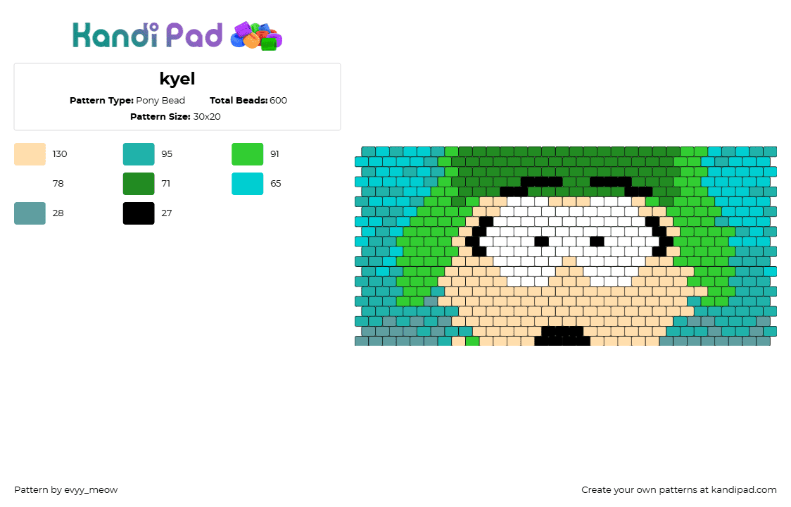 kyel - Pony Bead Pattern by evyy_meow on Kandi Pad - kyle broflovski,south park,face,cuff,character,animation,tv show,teal,green,tan