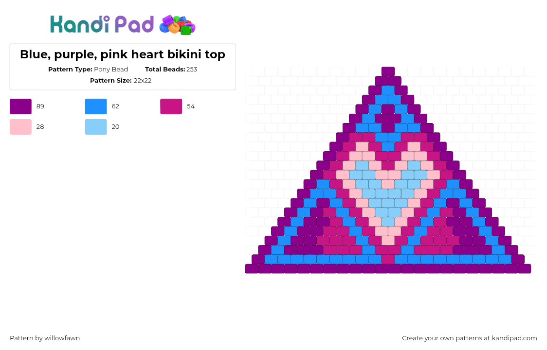 Blue, purple, pink heart bikini top - Pony Bead Pattern by willowfawn on Kandi Pad - heart,bikini,geometric,top,pink,blue,purple