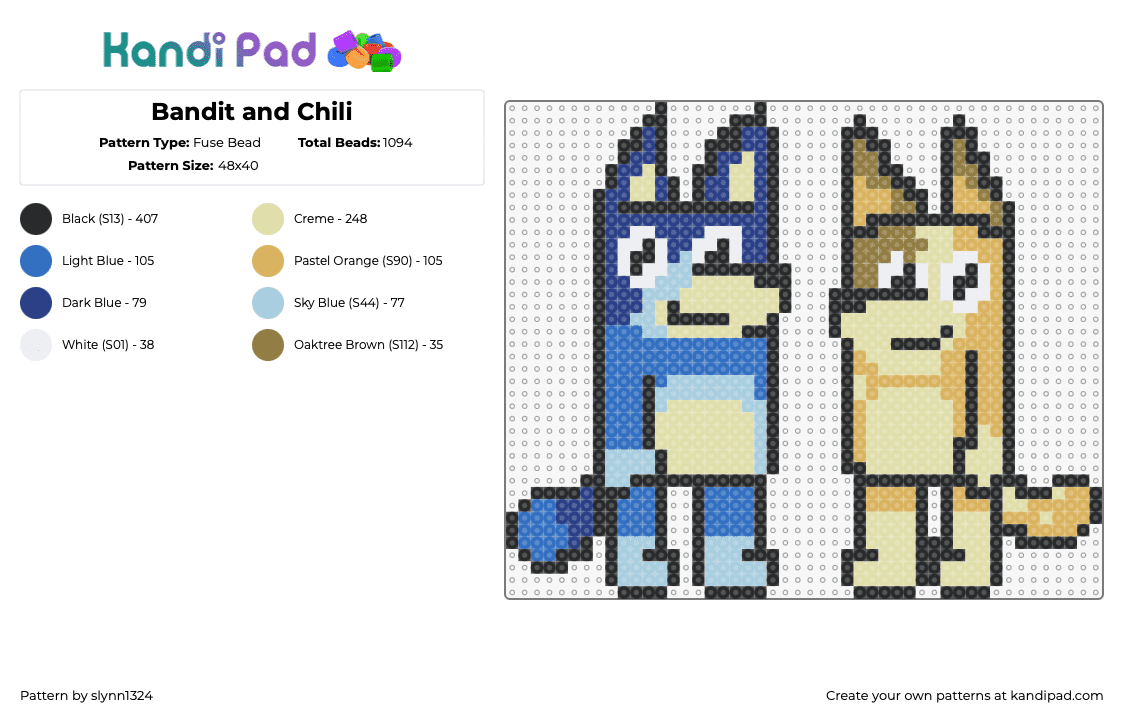 Bandit and Chili - Fuse Bead Pattern by slynn1324 on Kandi Pad - bandit,chili,bluey,dogs,characters,cartoon,children,tv show,blue,tan