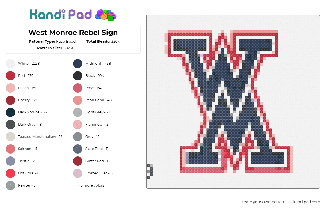 West Monroe Rebel Sign - Fuse Bead Pattern by deleted_user_532230 on Kandi Pad - rebels,football,sports,high school,team spirit,support,celebration,bold,blue