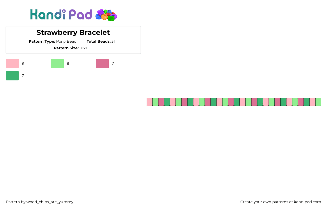 Strawberry Bracelet - Pony Bead Pattern by wood_chips_are_yummy on Kandi Pad - strawberry,fruit,summer,single,bracelet,green,pink