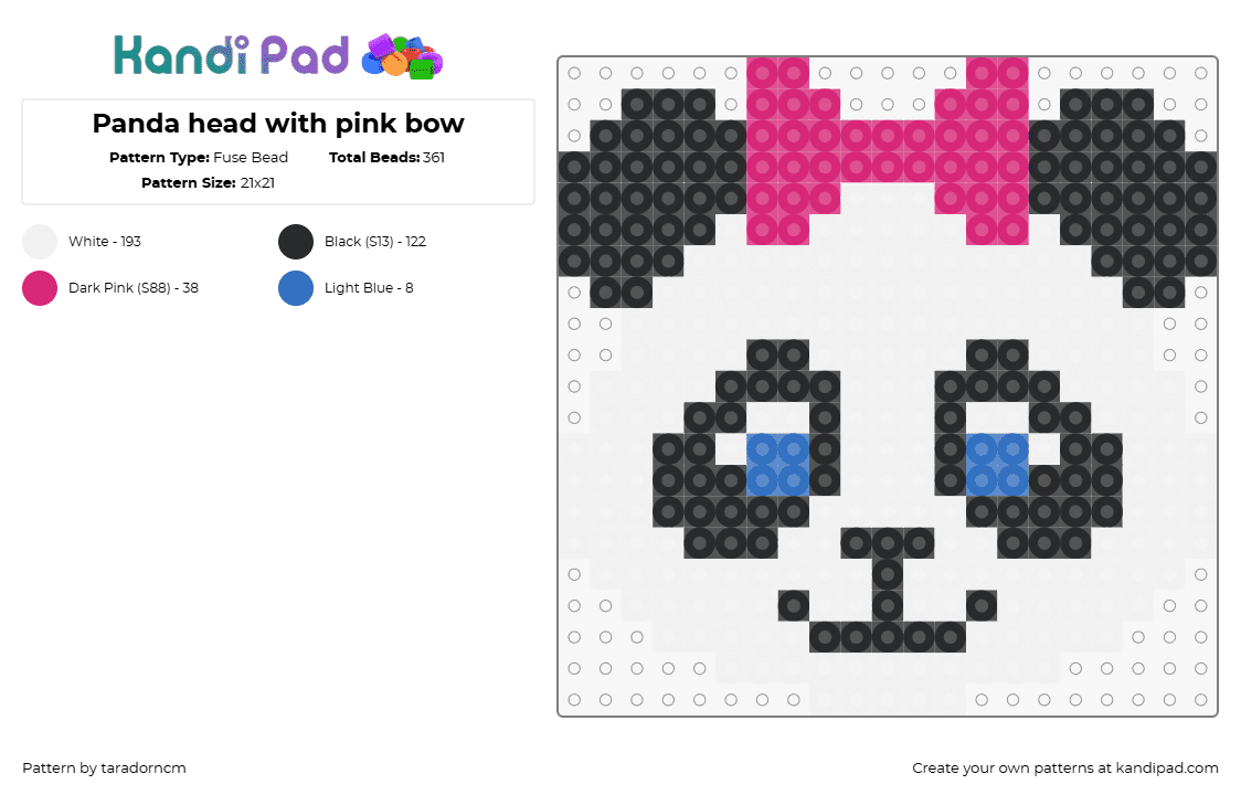 Panda head with pink bow - Fuse Bead Pattern by taradorncm on Kandi Pad - panda,bear,animal,bow,cute,head,white,black,pink