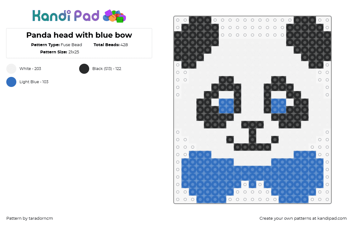 Panda head with blue bow - Fuse Bead Pattern by taradorncm on Kandi Pad - panda,bear,animal,bowtie,cute,head,white,black,blue