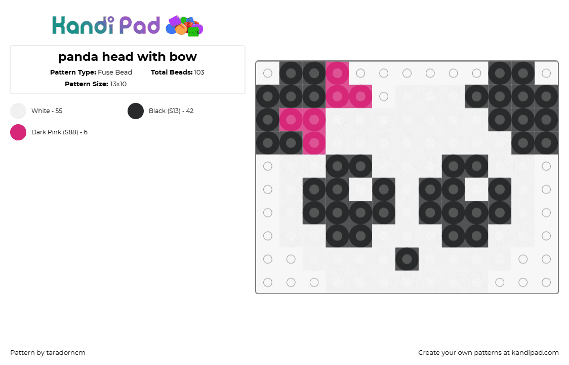 panda head with bow - Fuse Bead Pattern by taradorncm on Kandi Pad - panda,bear,animal,cute,head,charm,white,black