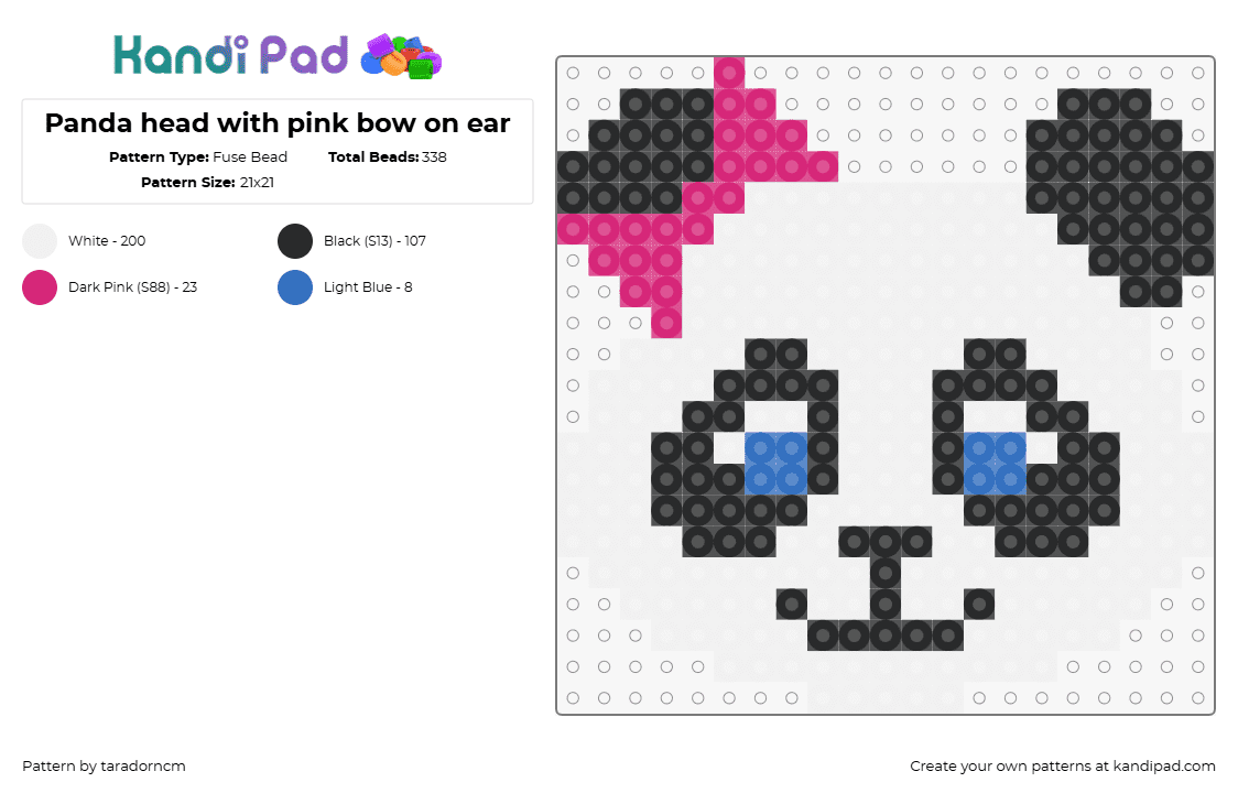 Panda head with pink bow on ear - Fuse Bead Pattern by taradorncm on Kandi Pad - panda,bear,animal,bow,cute,head,white,black,pink