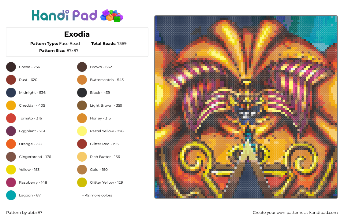 Exodia - Fuse Bead Pattern by abbz97 on Kandi Pad - exodia,yugioh,panel,gaming,anime,gold,orange,teal