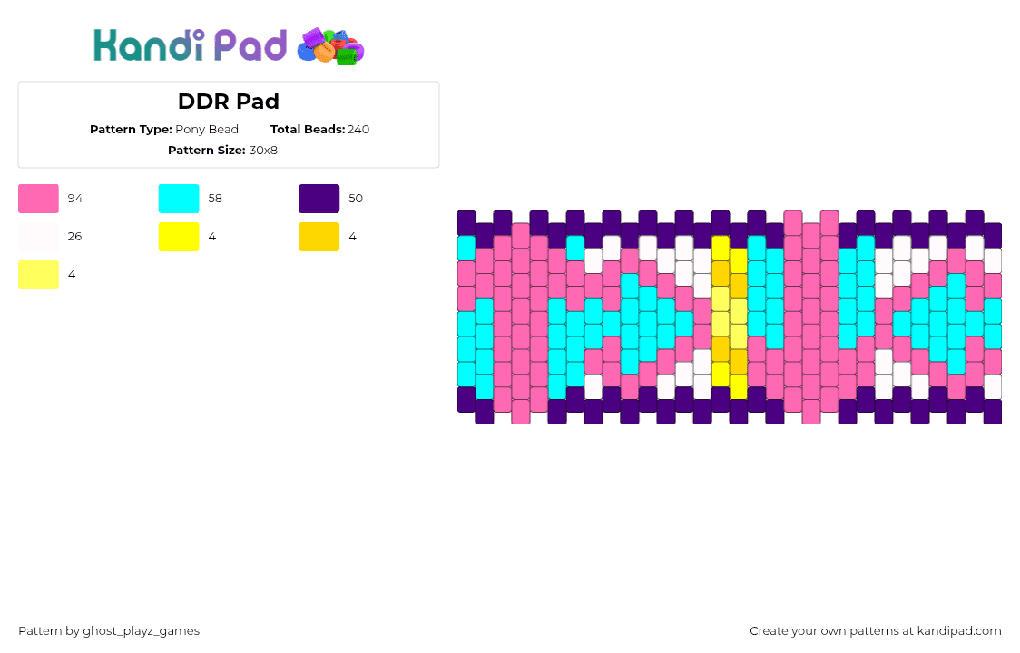 DDR Pad - Pony Bead Pattern by ghost_playz_games on Kandi Pad - ddr,dance dance revolution,arrows,video game,arcade,cuff,pink,light blue,purple