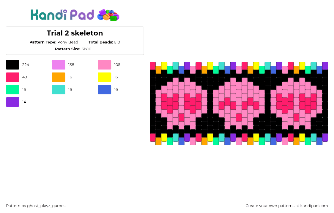 Trial 2 skeleton - Pony Bead Pattern by ghost_playz_games on Kandi Pad - skulls,colorful,cute,cuff,halloween,pink,black