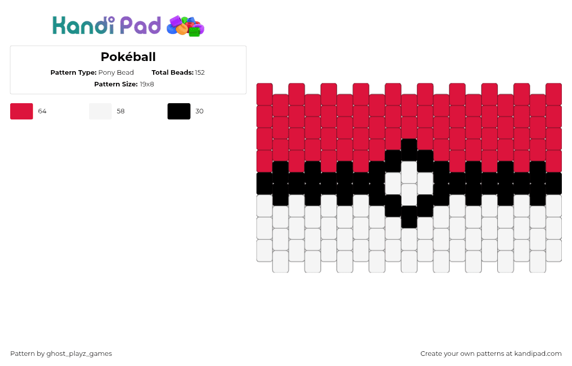 Pokéball - Pony Bead Pattern by ghost_playz_games on Kandi Pad - pokeball,pokemon,gaming,cuff,red,white