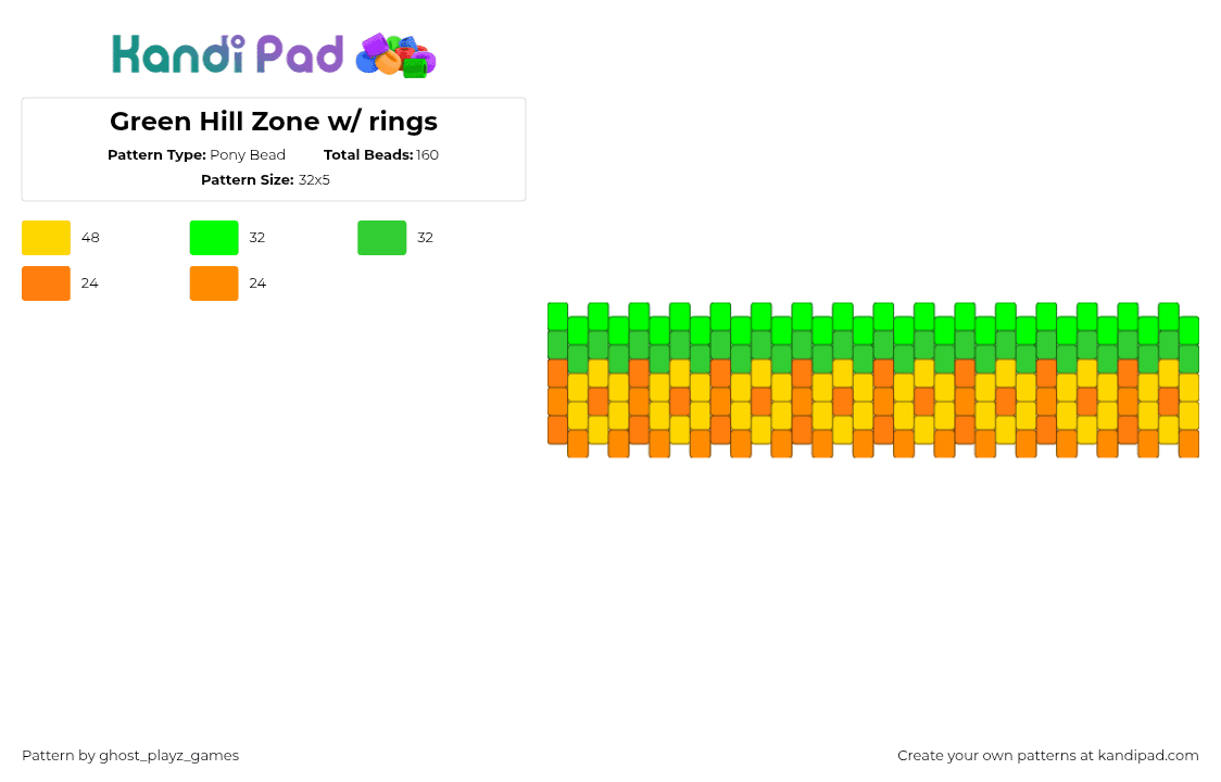 Green Hill Zone w/ rings - Pony Bead Pattern by ghost_playz_games on Kandi Pad - green hill zone,sonic the hedgehog,sega,rings,bracelet,cuff,video game,green,yellow,orange