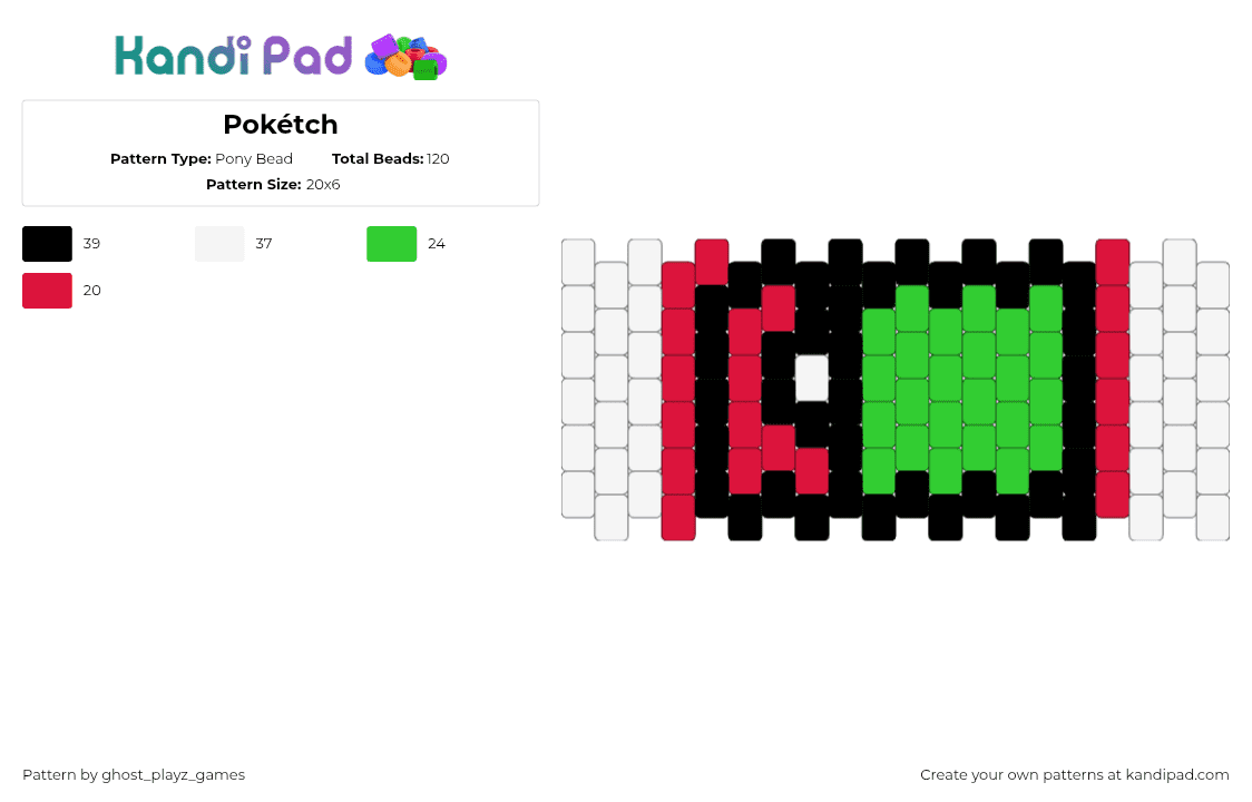 Pokétch - Pony Bead Pattern by ghost_playz_games on Kandi Pad - poketech,pokemon,watch,gaming,cuff,green,red,black