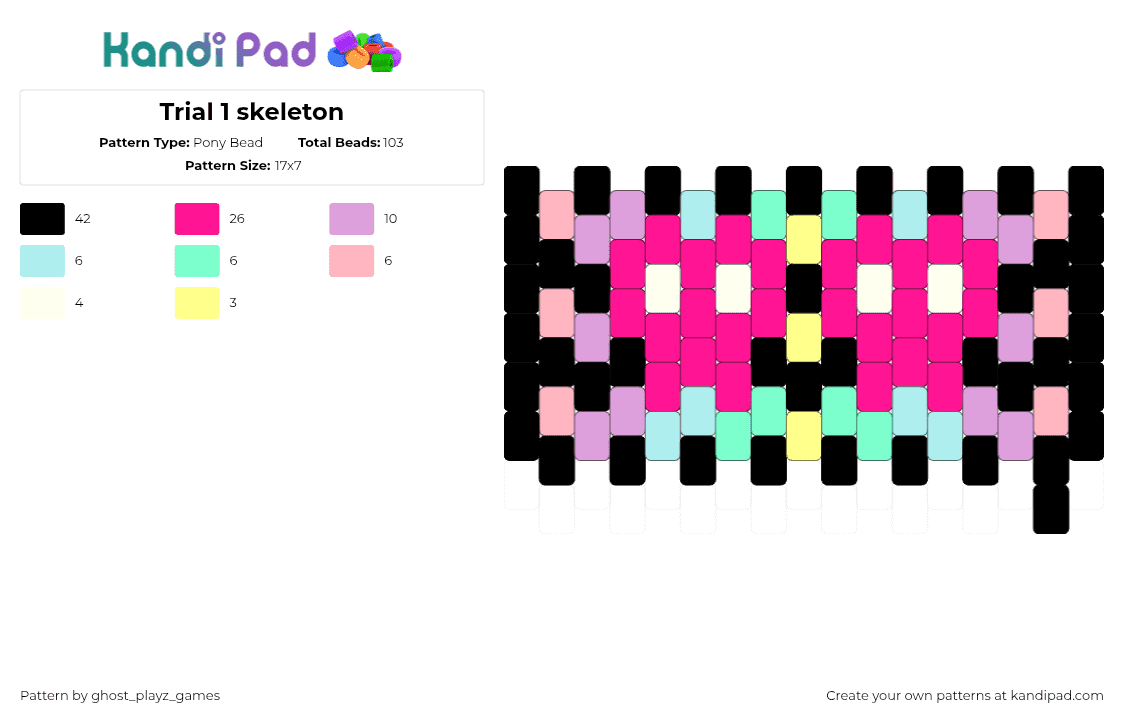 Trial 1 skeleton - Pony Bead Pattern by ghost_playz_games on Kandi Pad - neon,skulls,pastel,colorful,pink,black,green