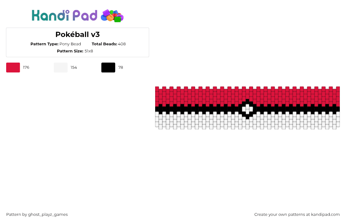 Pokéball v3 - Pony Bead Pattern by ghost_playz_games on Kandi Pad - pokeball,pokemon,gaming,cuff,red,white