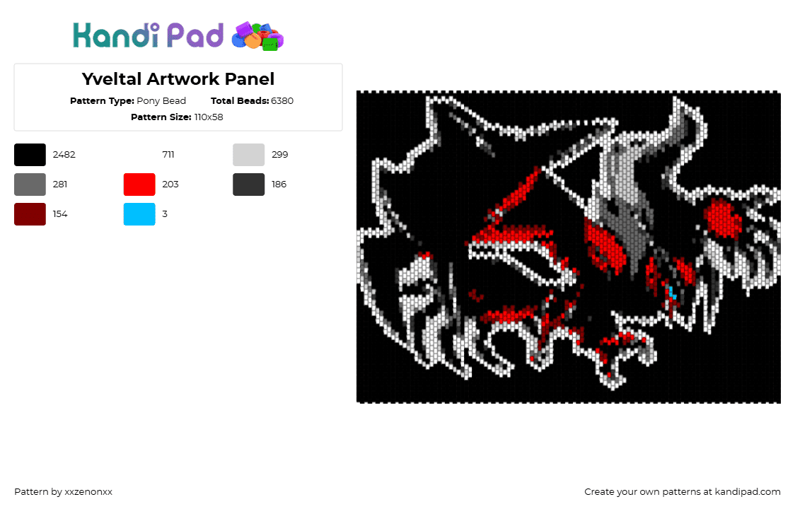 Yveltal Artwork Panel - Pony Bead Pattern by xxzenonxx on Kandi Pad - yveltal,pokemon,character,gaming,panel,tapestry,dark,red,black