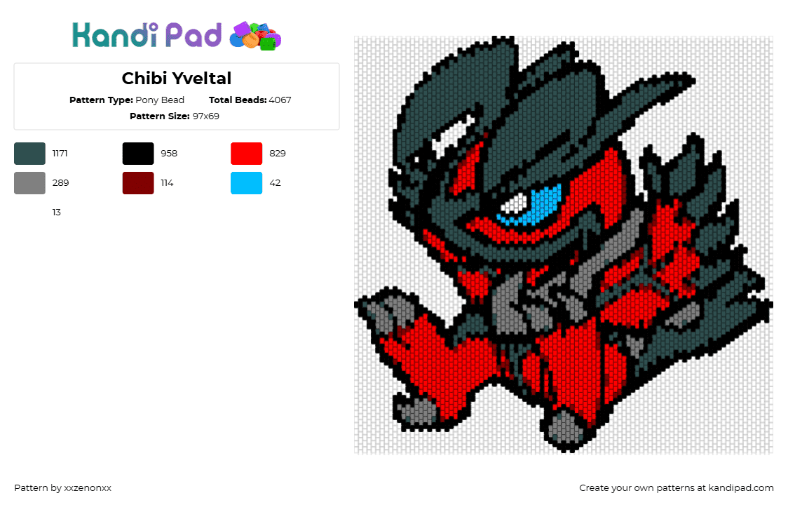 Chibi Yveltal - Pony Bead Pattern by xxzenonxx on Kandi Pad - yveltal,pokemon,chibi,character,gaming,red,black