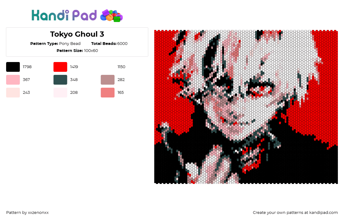 Tokyo Ghoul 3 - Pony Bead Pattern by xxzenonxx on Kandi Pad - tokyo ghoul,portrait,manga,tapestry,panel,dark,spooky,black,red,white